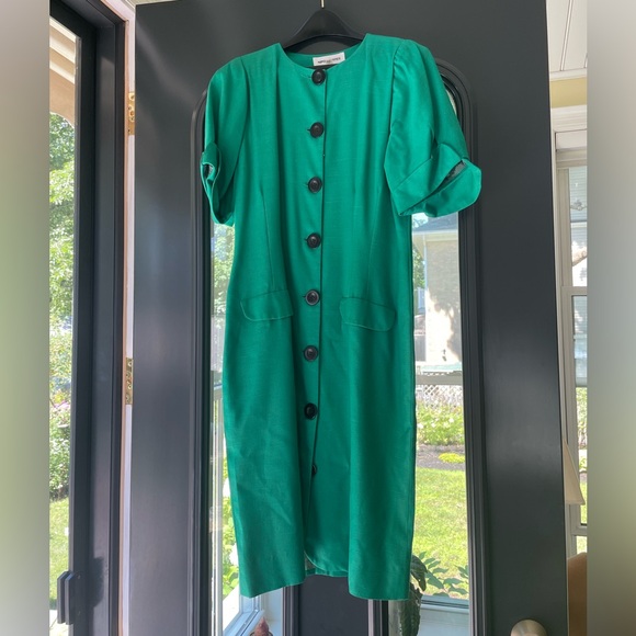 [6 or 8] NIPON Dress vintage Kelly green puffed sleeves black buttons tailored - Picture 2 of 10